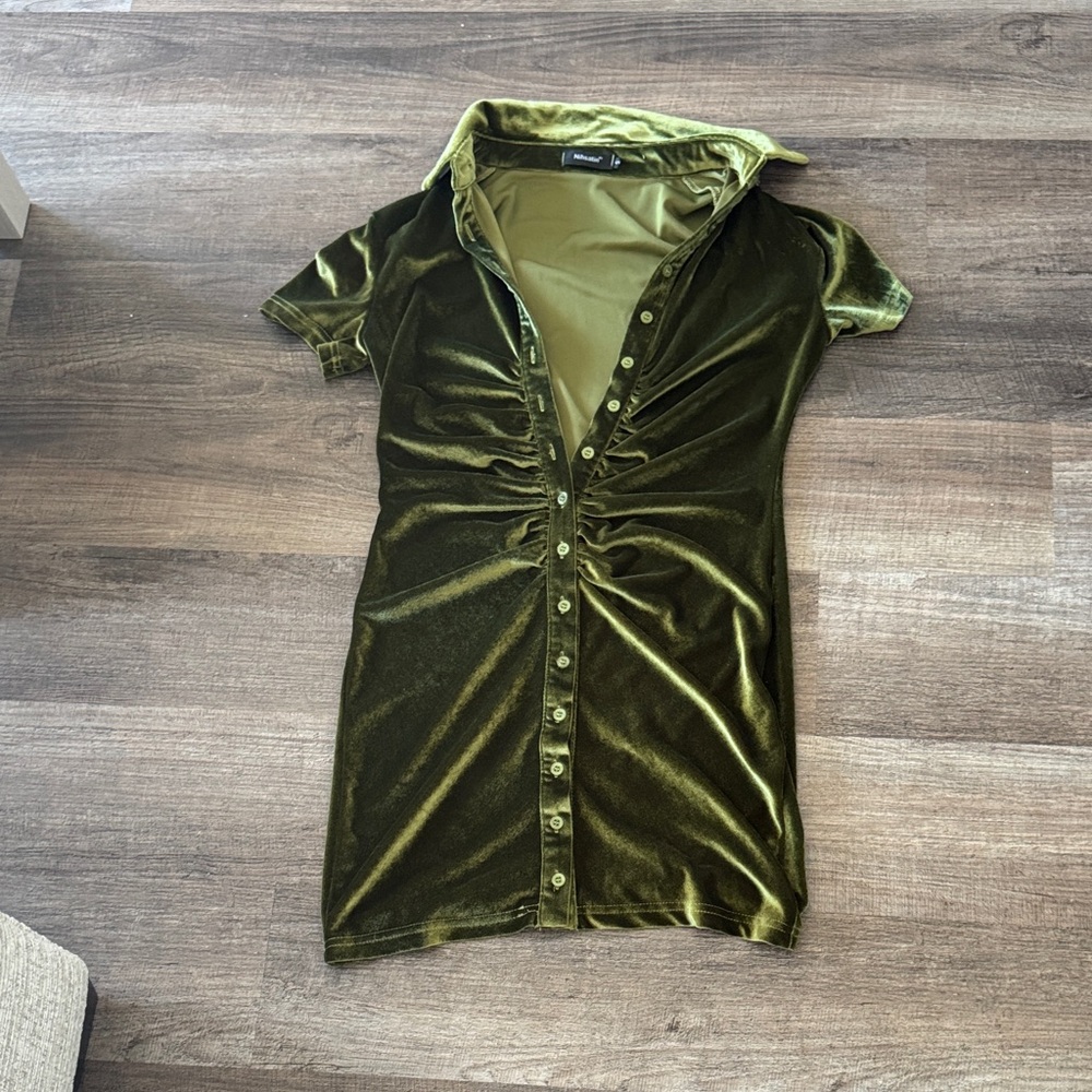 Green Velvet Button-Up Dress